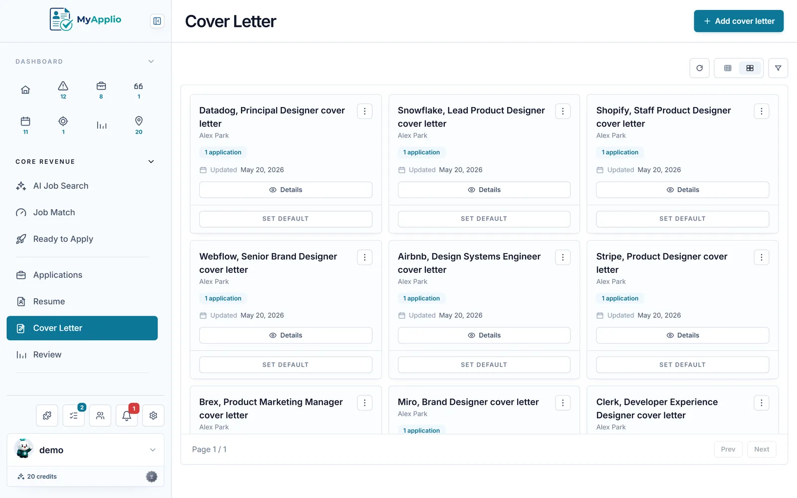 MyApplio cover letter library with a tailored letter per application