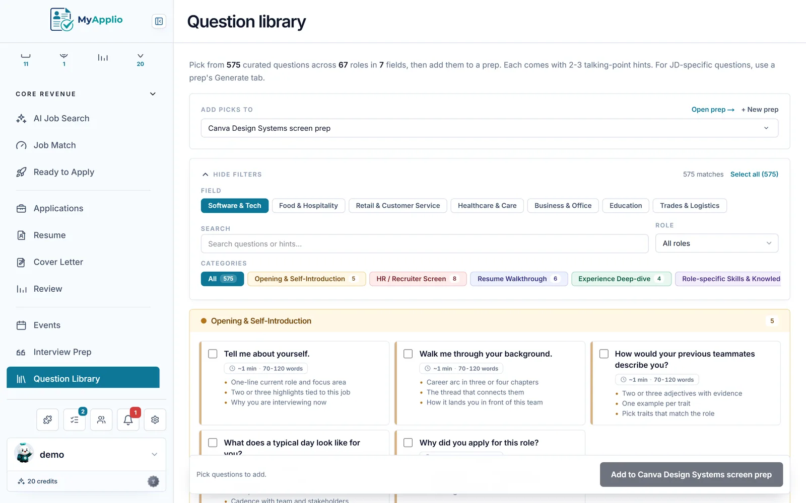 MyApplio interview question library with curated questions by role
