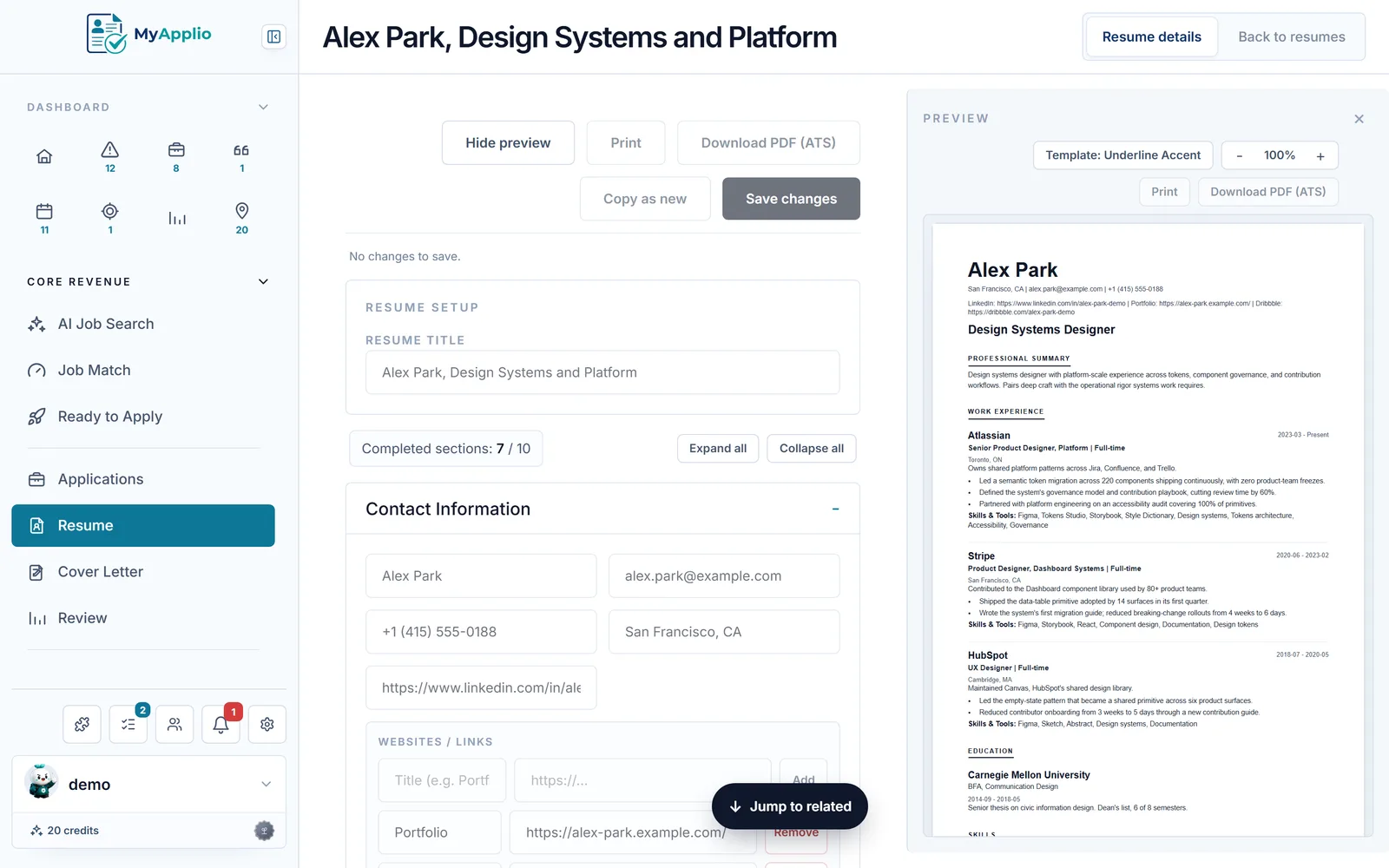 MyApplio resume builder editor with live preview