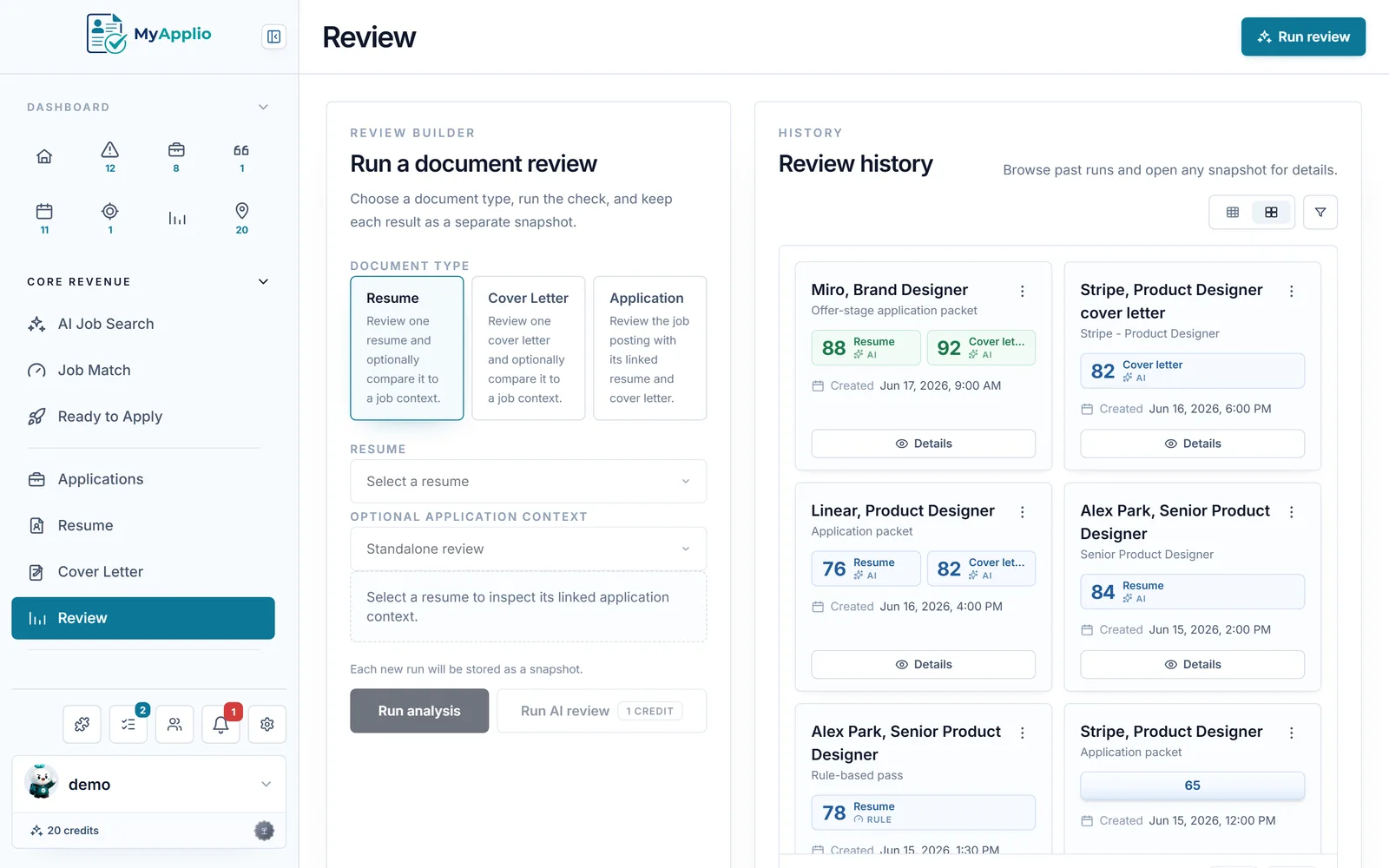 MyApplio resume review scoring documents with AI