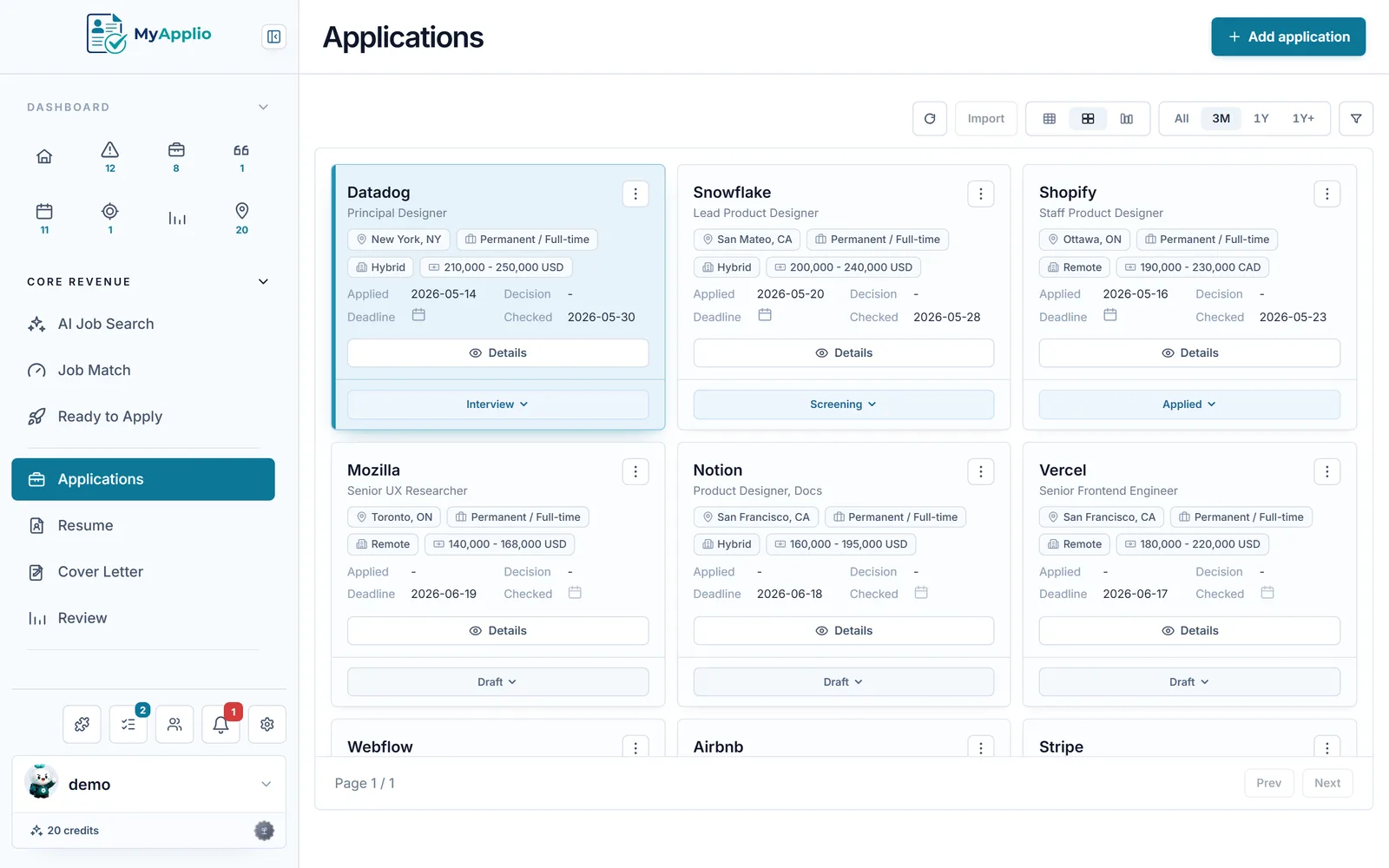 MyApplio job application tracker board with applications grouped by status